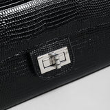Lizard Embossed Leather Baguette Bag – Black Chain Shoulder Bag