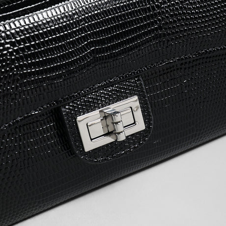 Lizard Embossed Leather Baguette Bag – Black Chain Shoulder Bag
