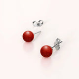 Solid 925 Sterling Silver Sphere Red Coral Stud Earrings