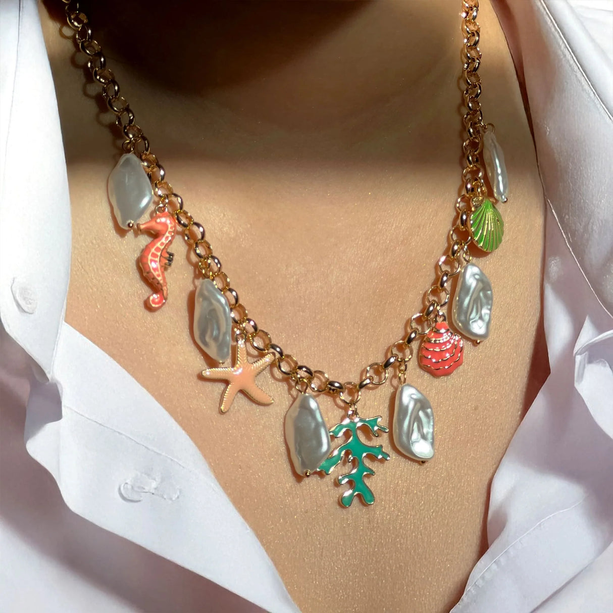 Bullion Gold Beaded Summer Sea Charm Gold Necklace