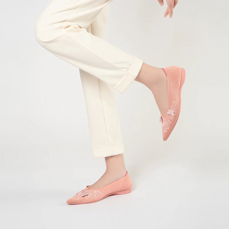 Butterfly Floral Knit Pointed Toe Ballet Flats - Coral