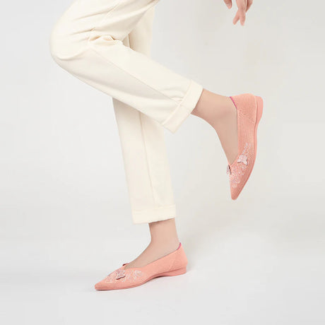 Butterfly Floral Knit Pointed Toe Ballet Flats - Coral
