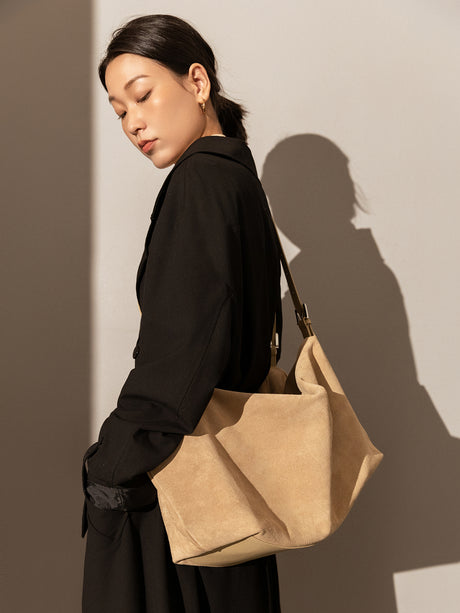 Slouchy Suede Leather Shoulder Bag - Camel