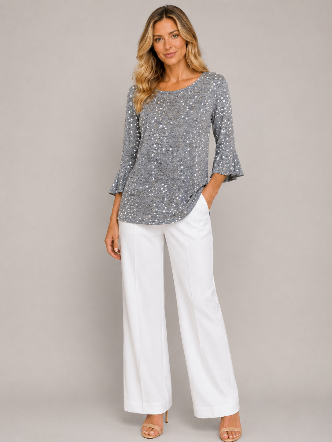 Worship Women's Loose  with Frill Sleeve Top - Grey Star