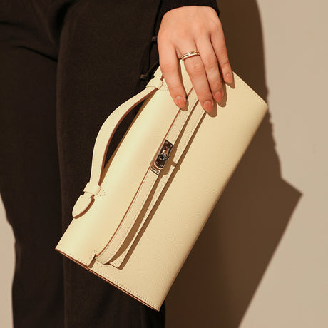 Structured Saffiano Leather Top-Handle Clutch - Ivory