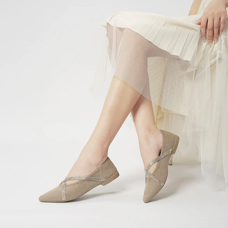 Rhinestone Cross Strap Pointed Toe Knit Flats - Sand