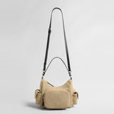 Suede Multi-Pocket Hobo Bag – Contrast Leather Shoulder & Crossbody Bag