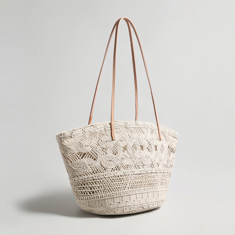 Handcrafted Multi-Pattern Macrame Tote - Ivory