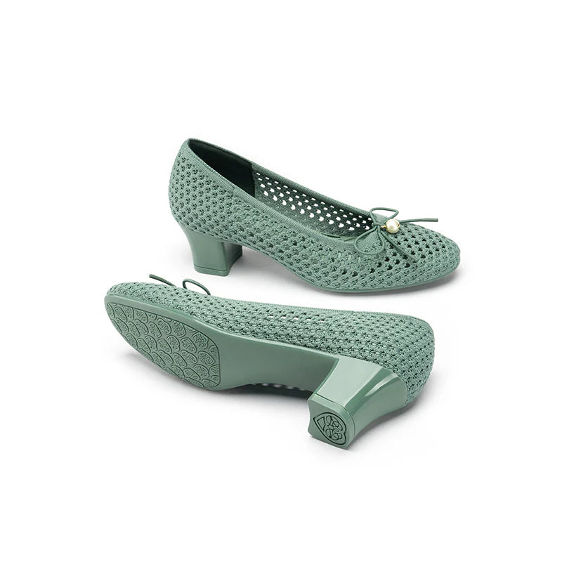 Pearl Bow Mesh Knit Round Toe Pumps - Green