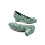 Pearl Bow Mesh Knit Round Toe Pumps - Green