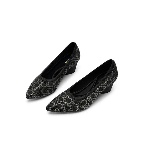 Rhinestone Check Knit Pointed Toe Wedge Pumps - Black