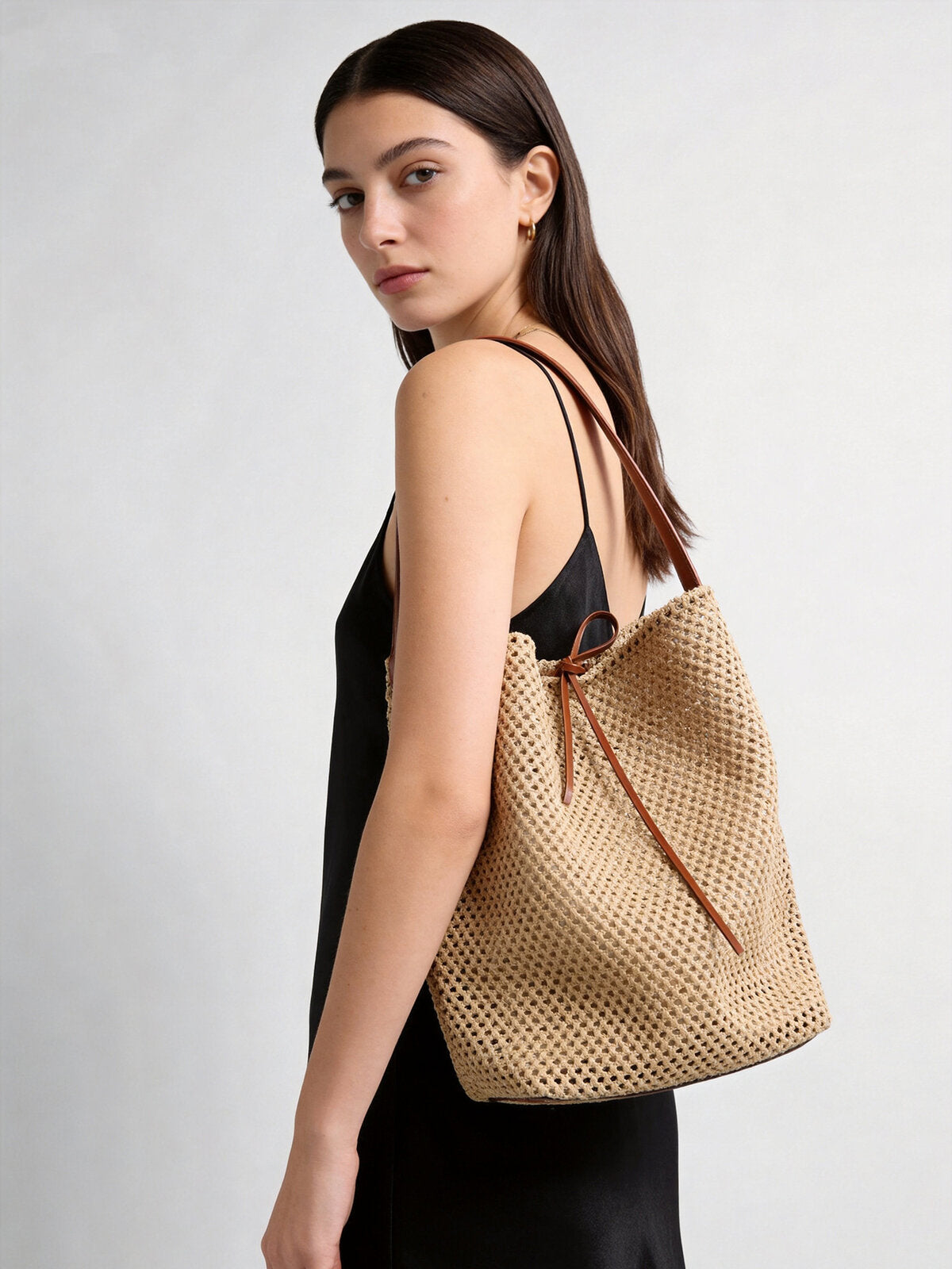 Handwoven Straw Bucket Tote - Brown