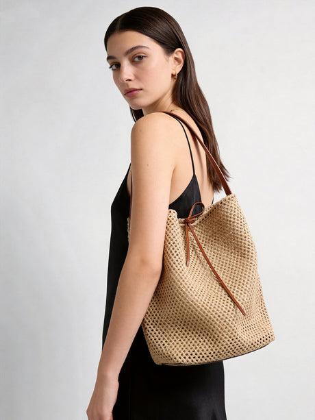 Handwoven Straw Bucket Tote - Brown