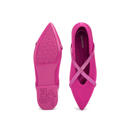 Rhinestone Cross Strap Pointed Toe Knit Flats - Rose