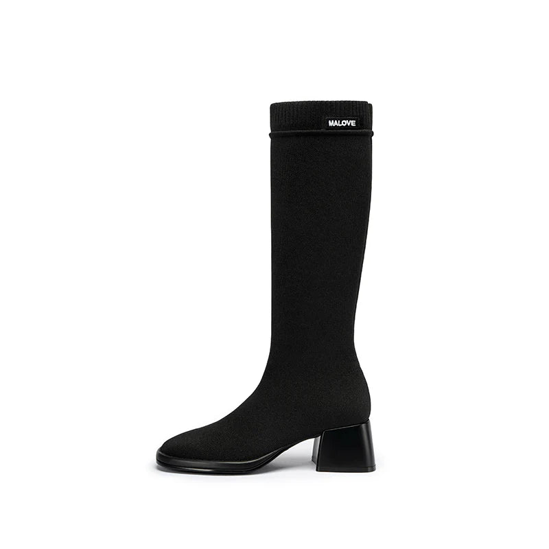 Mademoiselle Round Toe Knee High Sock Boots - Black