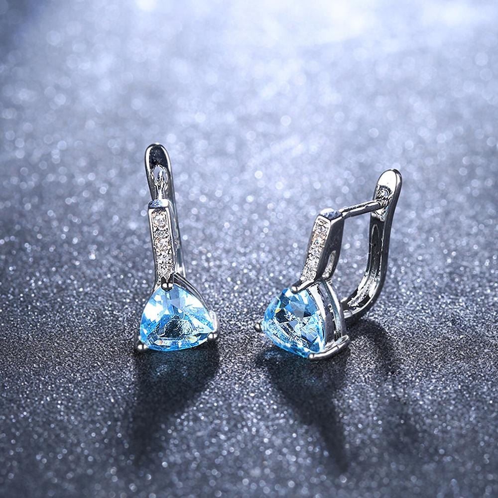 Bullion Gold Stunning Blue Zirconia Triangular Latchback White Gold Plated Earrings