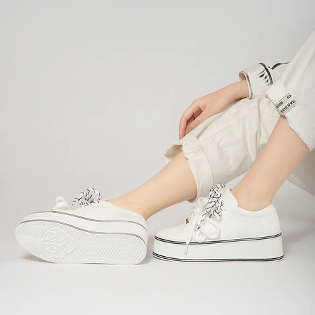 Dual Lace Platform Knit Sneakers - White