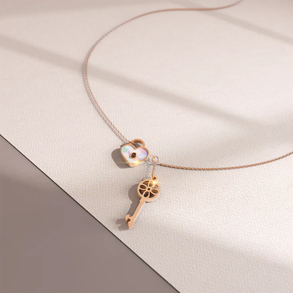 Bullion Gold Flower pattern key & lock in Rose Gold Layered Steel Jewellery