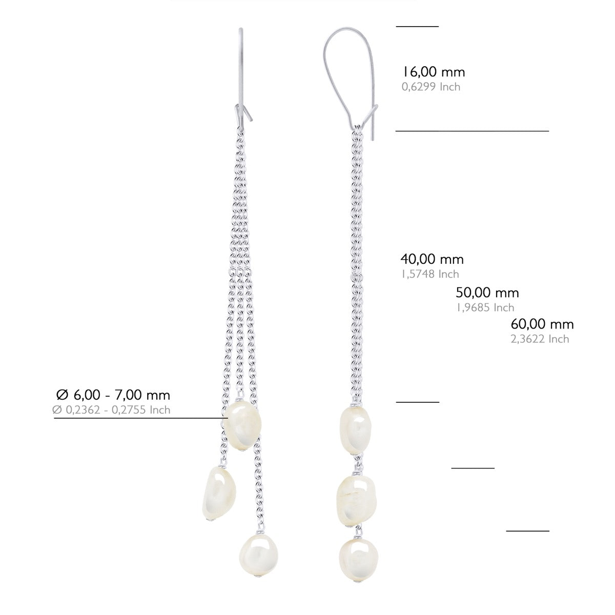 Earrings 2 X3 Real Cultured Freshwater Pearls Baroque 6-7 mm - Natural White - Longueur 42 cm