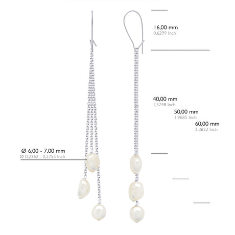 Earrings 2 X3 Real Cultured Freshwater Pearls Baroque 6-7 mm - Natural White - Longueur 42 cm