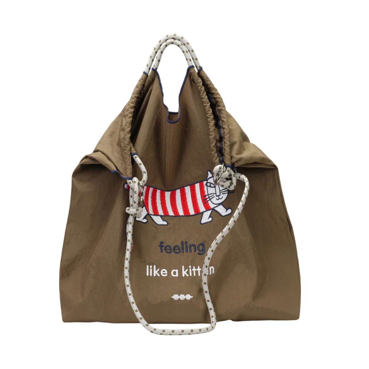 BAMEI Recycled Nylon Tote Bag with Floral Bunny Embroidery & Braided Rope Strap - Khaki