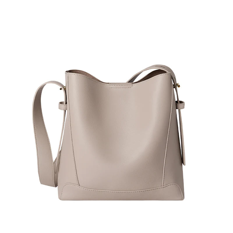 Nalandu Luxe Genuine Leather Bucket Tote Shoulder Bag - Taupe