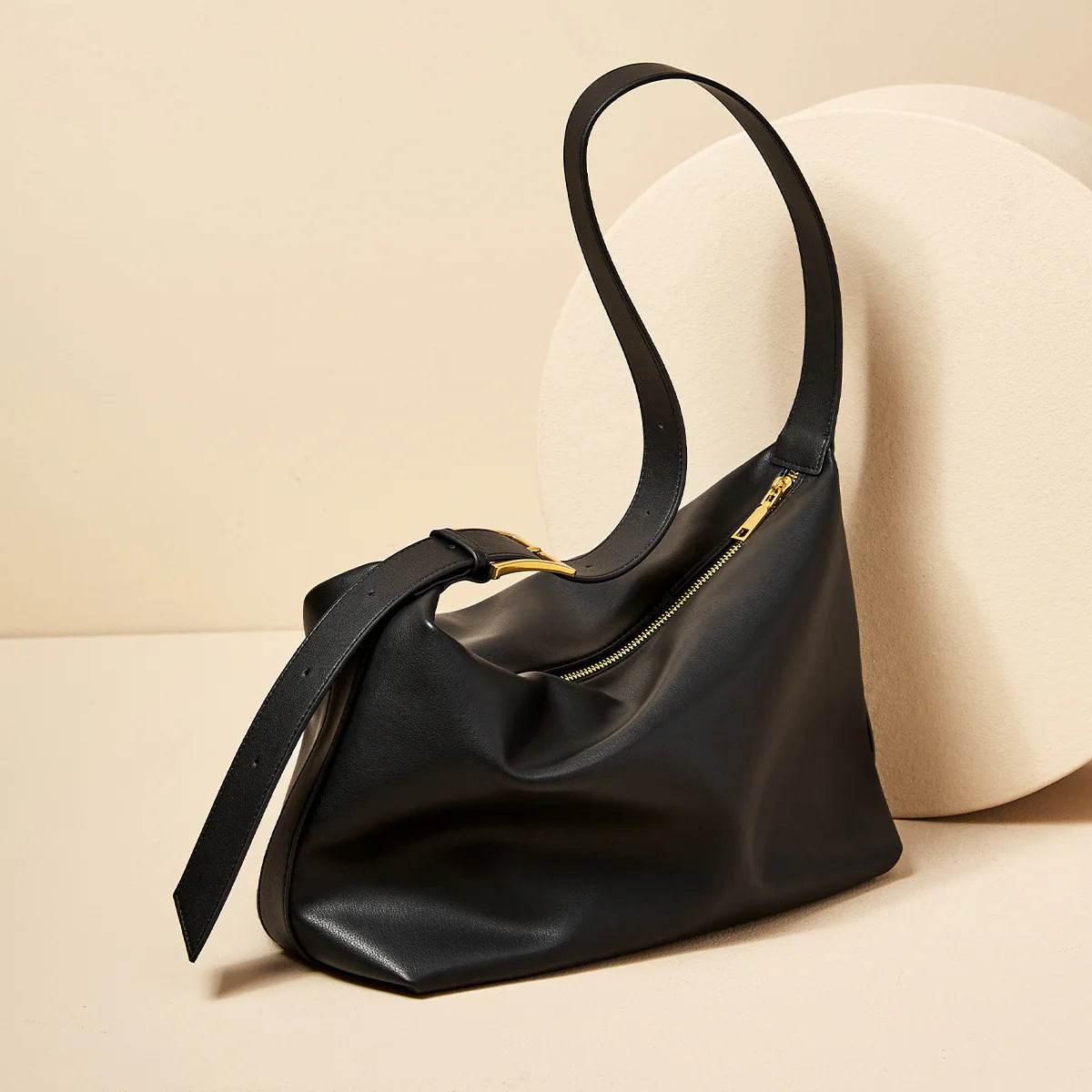 Nalandu Soft Leather Slouch Shoulder Hobo Bag - Black