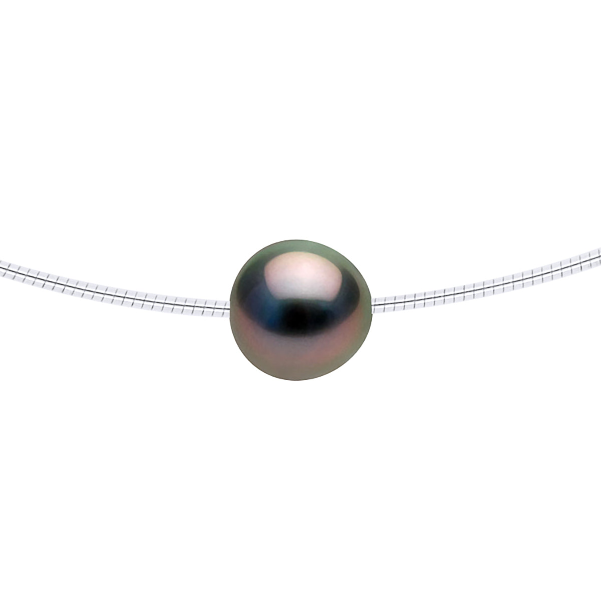 Necklace Omega of Silver 925 Rhodium Plated and Real Cultured Tahiti Pearl Round 9-10 mm Passing Through - Longueur 18 cm