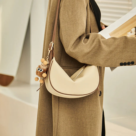 Nalandu Crescent Leather Crossbody Shoulder Bag with Bear Charm - Ivory