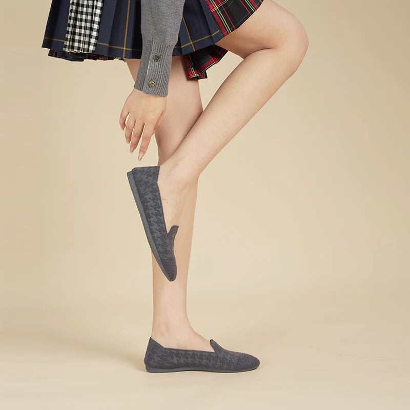 Houndstooth Knit Slip-On Flat Loafers - Charcoal