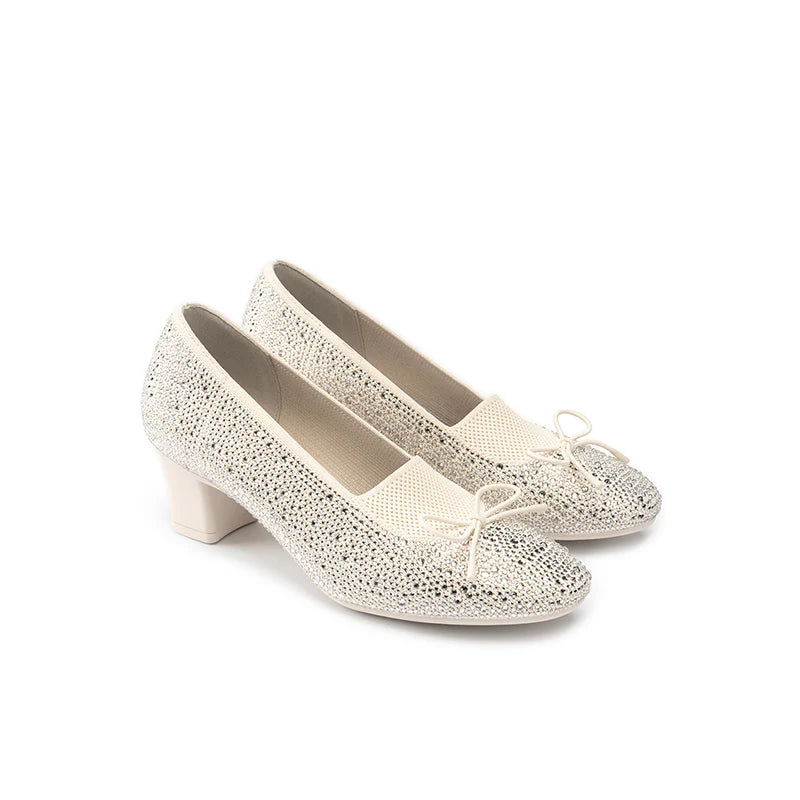 Rhinestone Bow Knit Round Toe Block Heel Pumps - Ivory