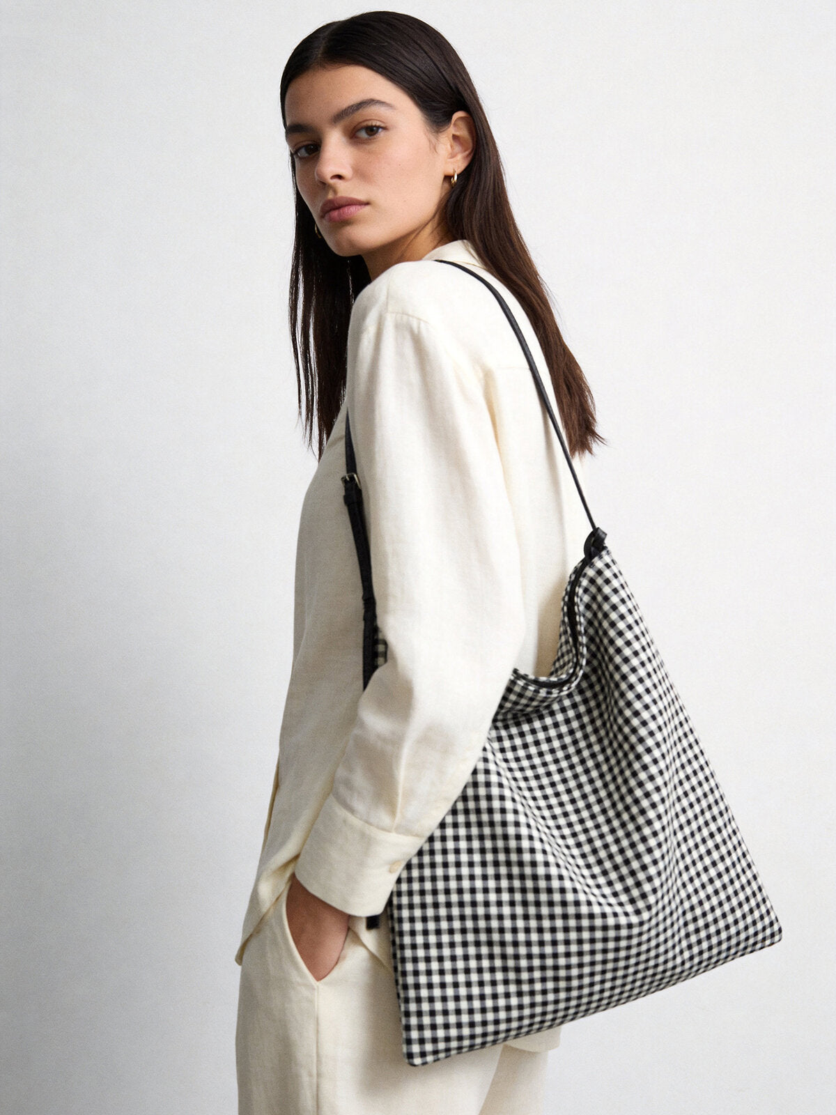 Check Print Canvas Hobo Tote Bag - Black