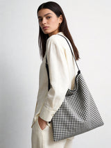 Check Print Canvas Hobo Tote Bag - Black