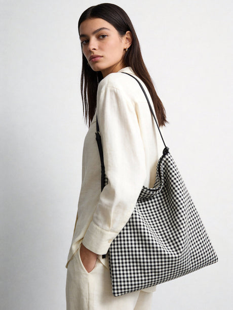 Check Print Canvas Hobo Tote Bag - Black