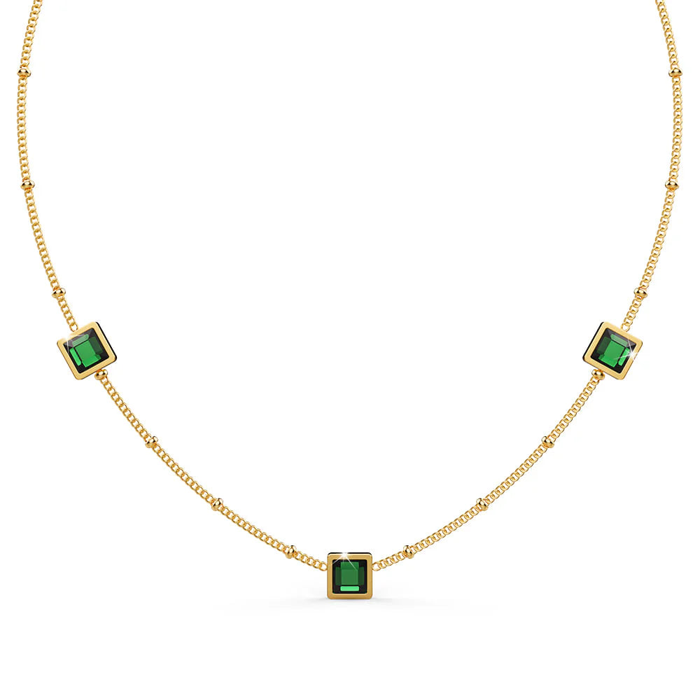 Bullion Gold Square Bezel Station Necklace in Emerald Green