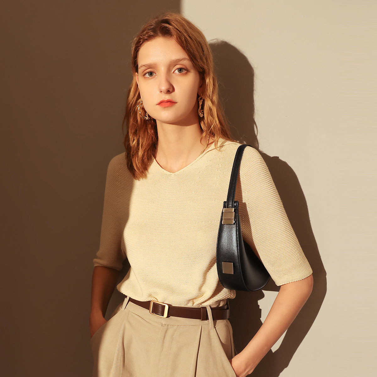 Structured Black Leather Crescent Moon Shoulder Bag - Black