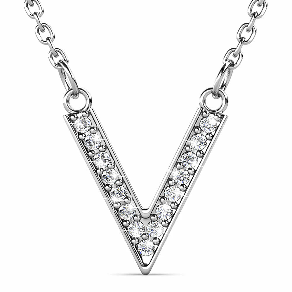 Krystal Couture Luxury V Shaped Pendant Necklace in White Gold Embellished with Swarovski Crystals