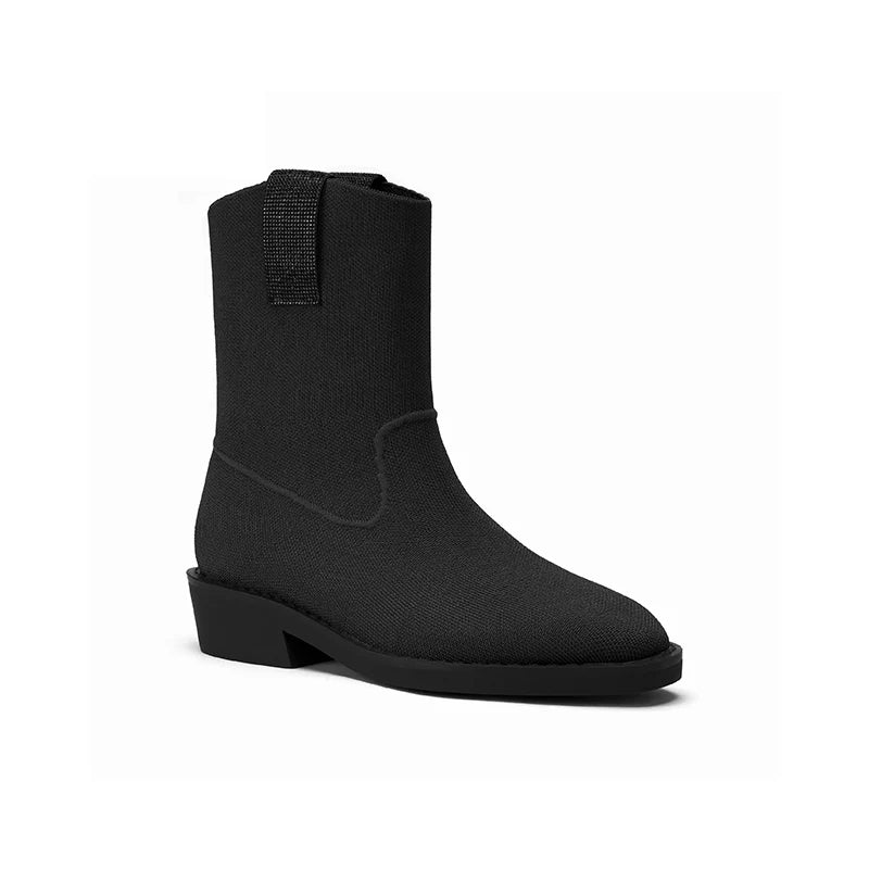 Knit Block Heel Ankle Boots - Black