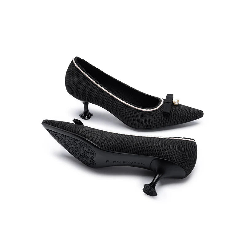Parisian Pearl Bow Kitten Heels - Black