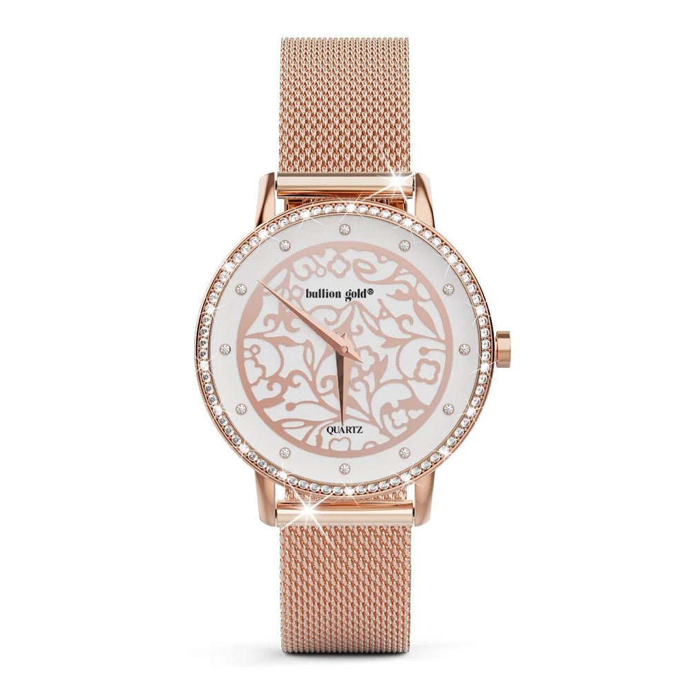 Boxed Bullion Gold Elite watch and Bracelet Set Embellished with Crystals in Rose Gold
