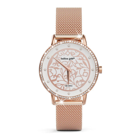 Boxed Bullion Gold Elite watch and Bracelet Set Embellished with Crystals in Rose Gold