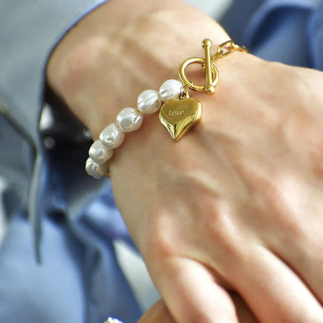 Bullion Gold Pearl Paper Clip Chain Heart Gold Layered Stainless Steel Bracelet