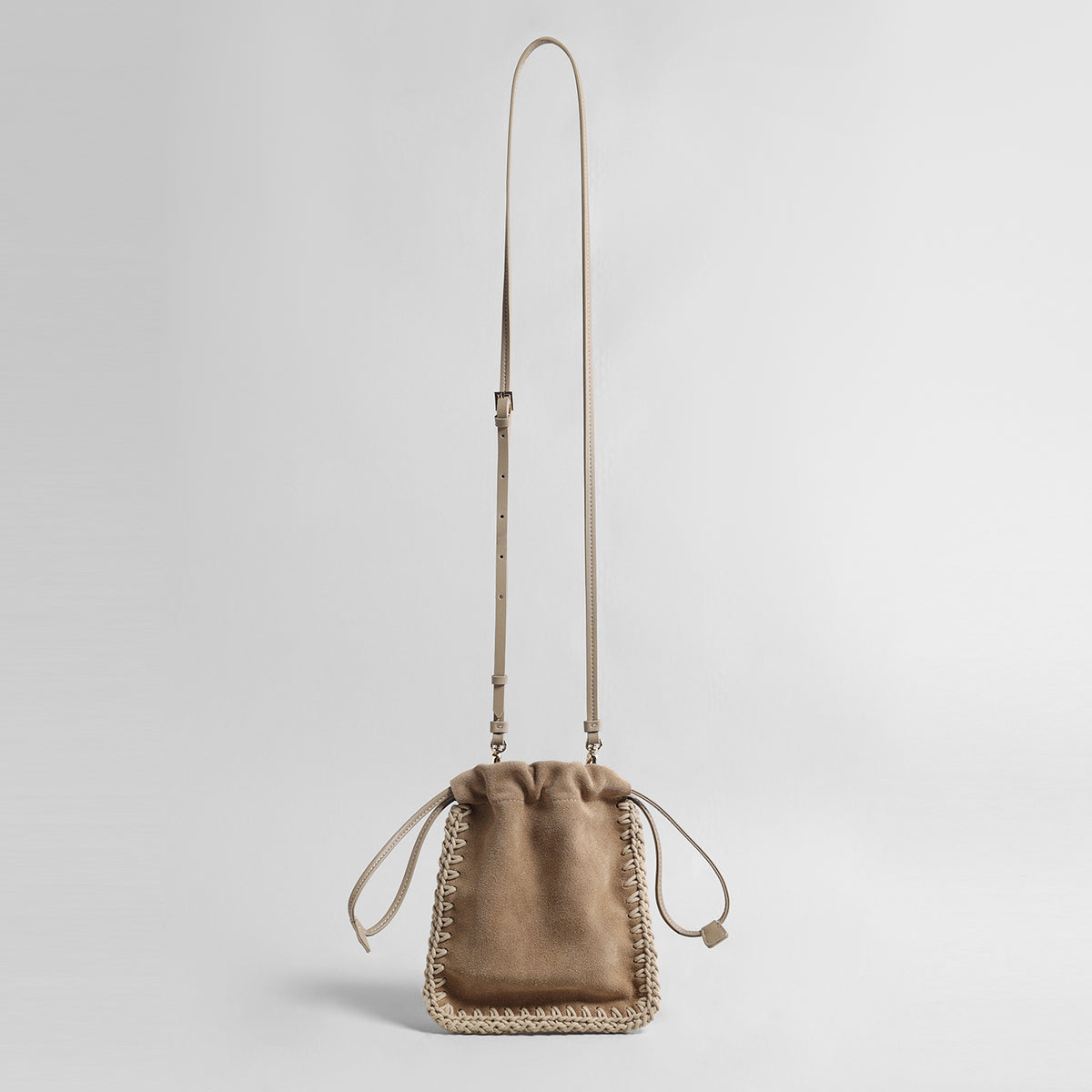 Vintage Suede Drawstring Pouch Bag – Woven Trim Crossbody Bag