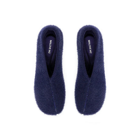 Fuzzy Round Toe Block Heel Pumps - Navy