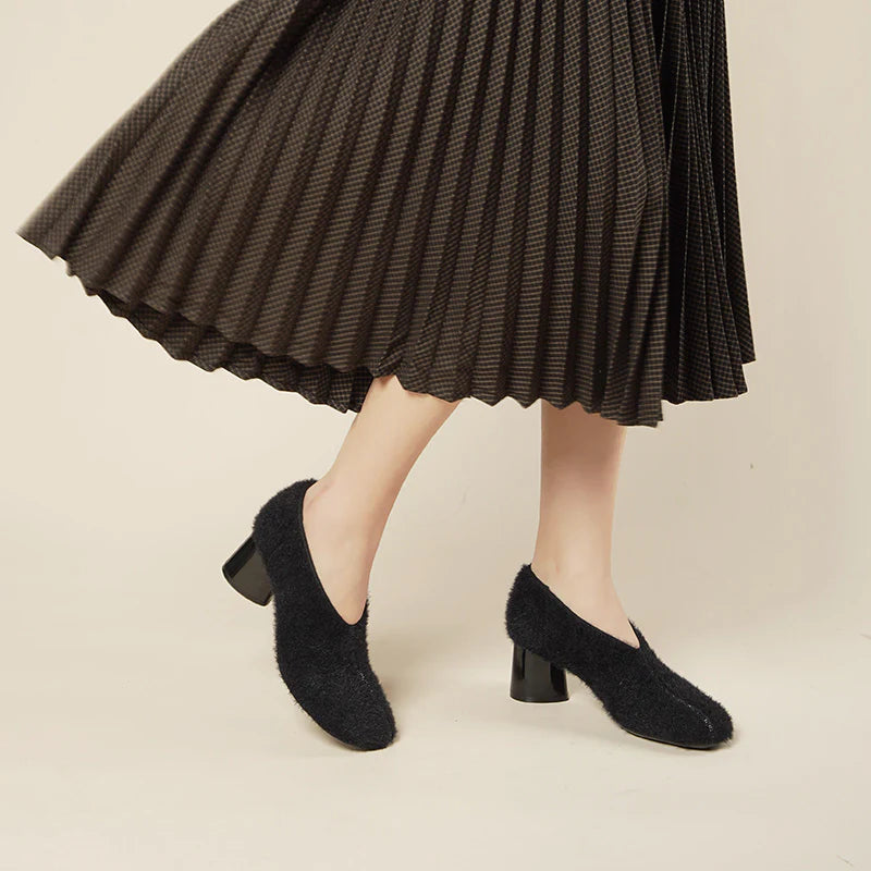 Fuzzy Round Toe Block Heel Pumps - Black