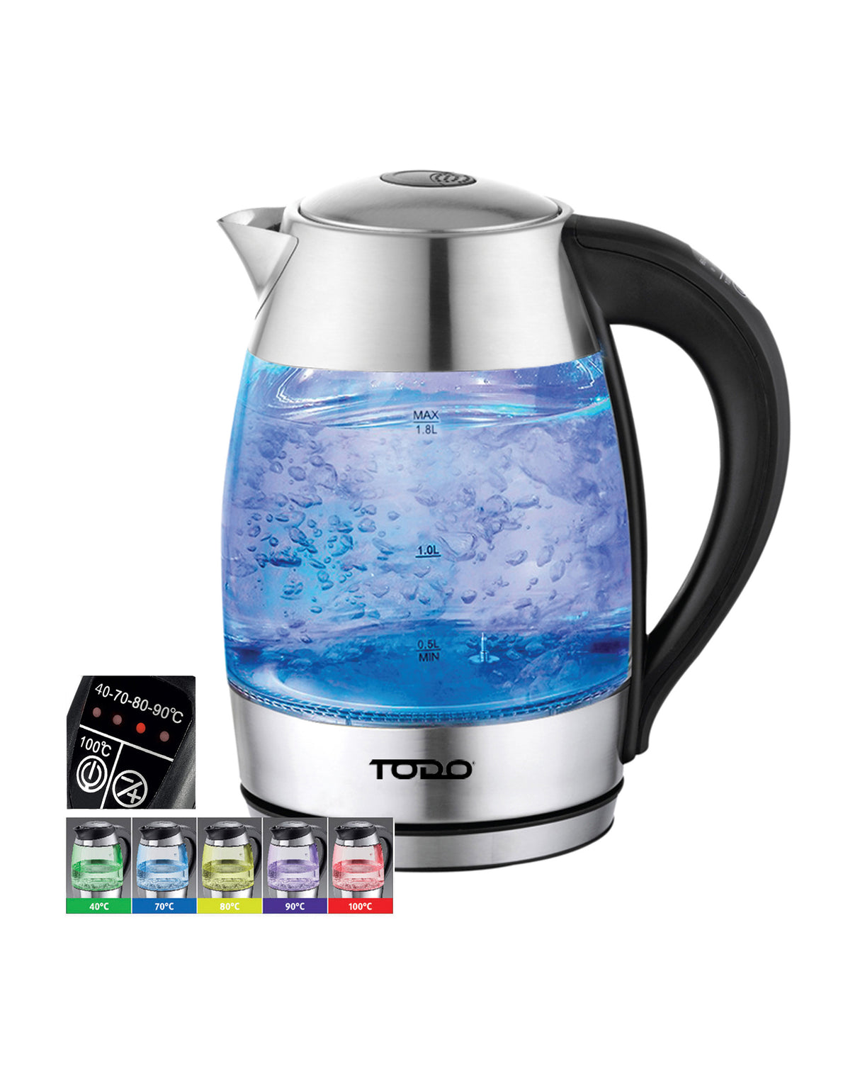 TODO 1.7L Glass Cordless Kettle Keep Warm Electric Dual Wall LED Water Jug - Stainless Steel
