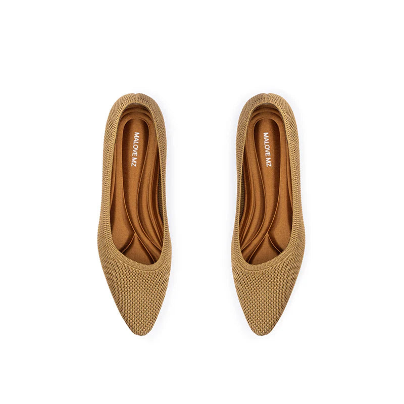 Diagonal Cut Knit Pointed Toe Wedge Flats - Tan