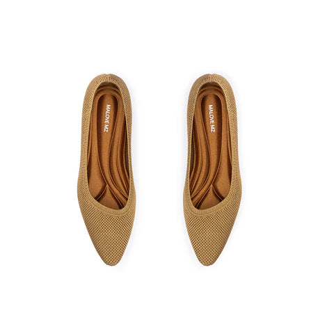 Diagonal Cut Knit Pointed Toe Wedge Flats - Tan