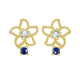 Solid 925 Signature Silver Mono Blue Flower Earrings In Gold