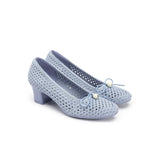 Pearl Bow Mesh Knit Round Toe Pumps - Blue
